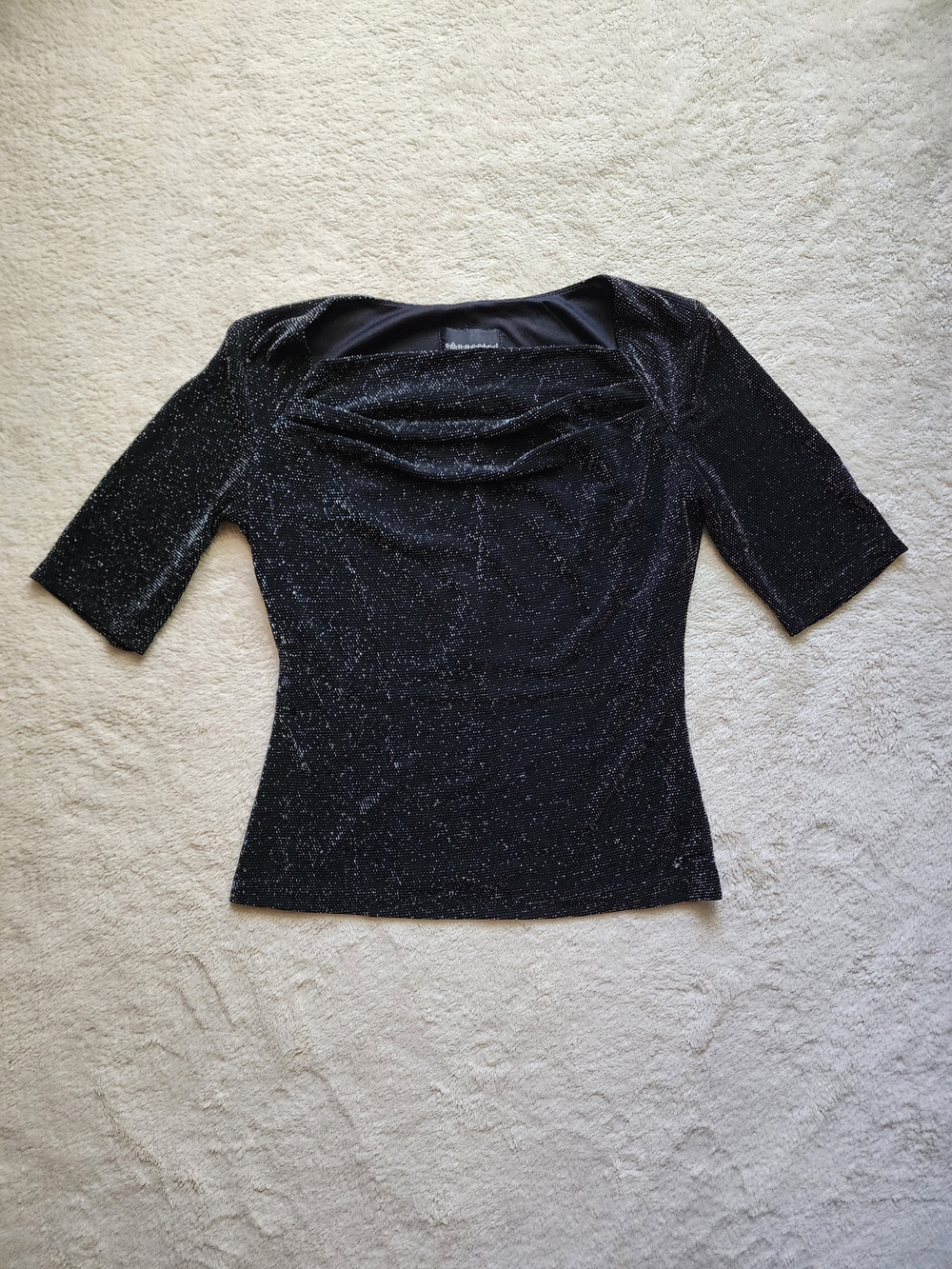 connected apparel Black Sparkle Draped Neck Short Sleeve Top